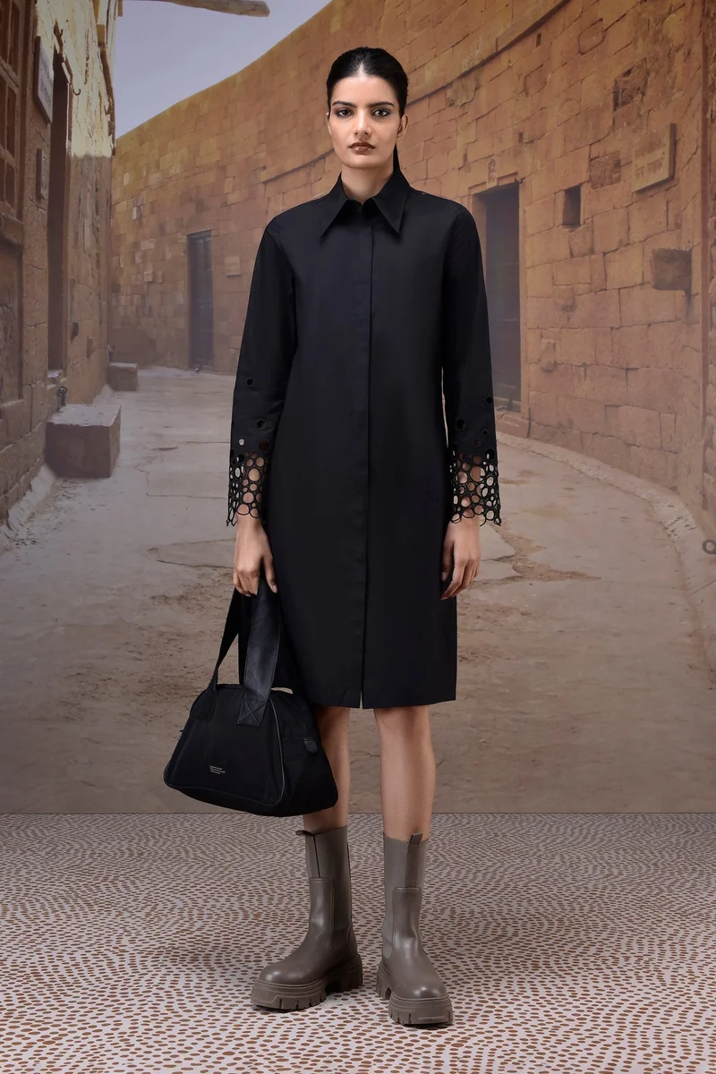 Genes Lecoanet Hemant  Black Poplin Shirt Dress with Cutwork Sleeves for Women | Best Price UAE